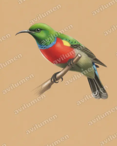 Colored pencil illustration: Cinnyris ludovicensis (Ludwig's Double-collared Sunbird)
