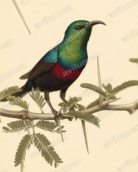 Illustration im Stil Historische Tafel: Marico Sunbird (Cinnyris mariquensis)