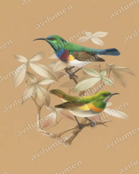 Illustration Crayon de couleur : Cinnyris oustaleti (Souimanga d'Oustalet)