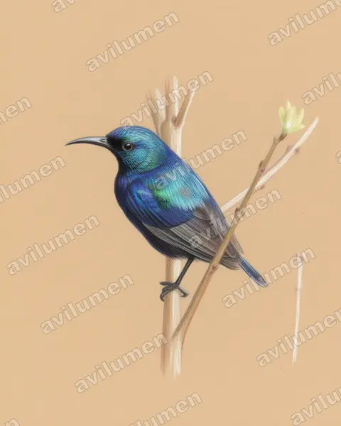 Colored pencil illustration: Cinnyris pembae (Pemba Sunbird)