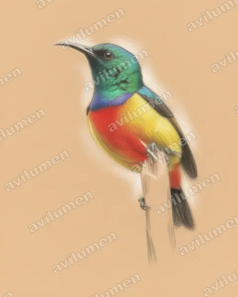 Colored pencil illustration: Cinnyris regius (Regal Sunbird)