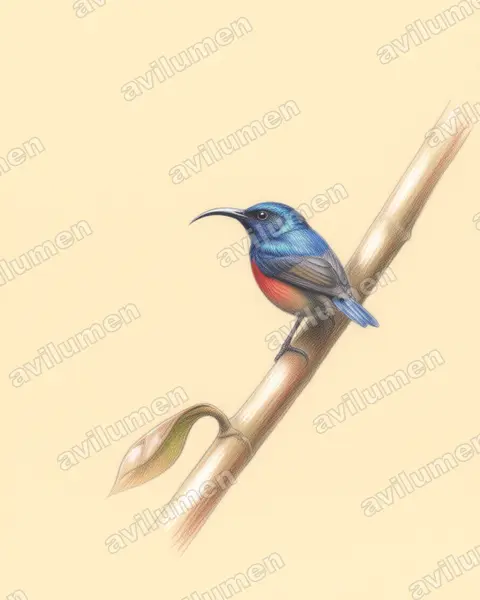 Ilustración en Lápiz de color: Cinnyris rufipennis (Suimanga alirrojo)