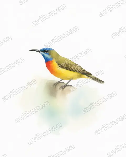 Flame-breasted sunbird（Cinnyris solaris）的水彩插画