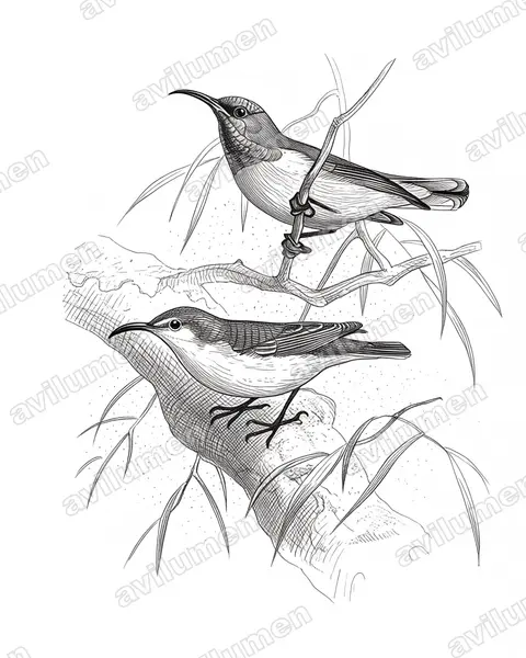 Flame-breasted sunbird（Cinnyris solaris）的钢笔墨线插画