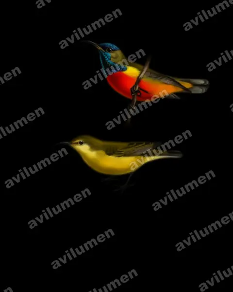 Flame-breasted sunbird（Cinnyris solaris）的油画插画