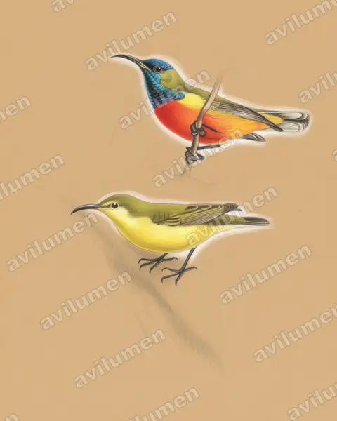 Flame-breasted sunbird（Cinnyris solaris）的彩色铅笔插画