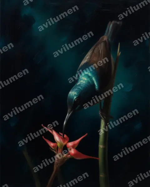 Ilustración en Óleo: Cinnyris sovimanga (Suimanga malgache​)