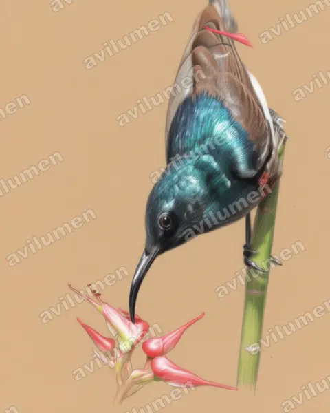Ilustración en Lápiz de color: Cinnyris sovimanga (Suimanga malgache​)