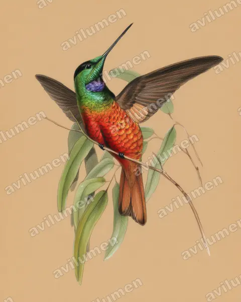 金尾星额蜂鸟（Coeligena eos）的彩色铅笔插画