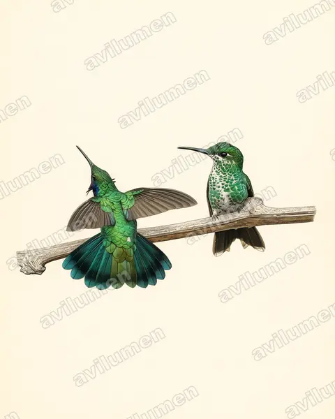 Ilustración en Lámina antigua: Colibri cyanotus (Colibrí oreja violeta menor)
