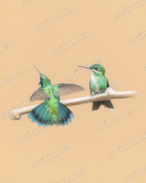 Ilustración en Lápiz de color: Colibri cyanotus (Colibrí oreja violeta menor)