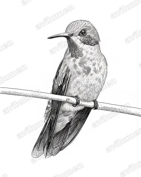 褐紫耳蜂鸟(Colibri delphinae)的钢笔墨线插画