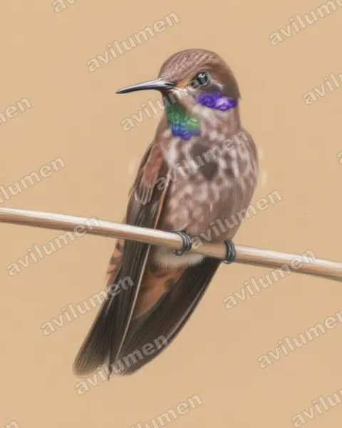 褐紫耳蜂鸟(Colibri delphinae)的彩色铅笔插画