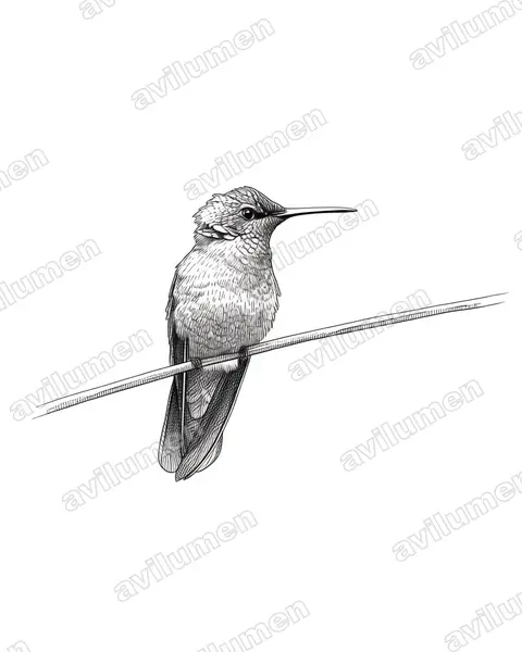 白腹紫耳蜂鸟（Colibri serrirostris）的钢笔墨线插画