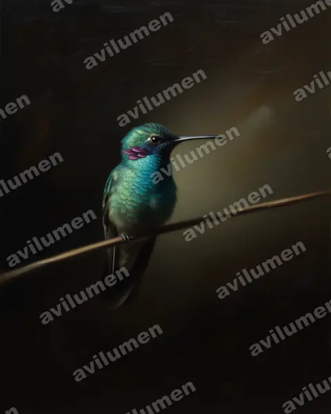 白腹紫耳蜂鸟（Colibri serrirostris）的油画插画