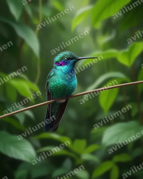 白腹紫耳蜂鸟（Colibri serrirostris）的写实插画