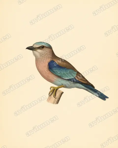 Ilustración en Lámina antigua: Coracias benghalensis (Carraca india)