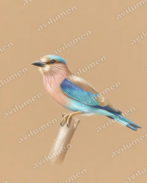 Ilustración en Lápiz de color: Coracias benghalensis (Carraca india)