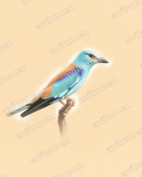 Illustration Crayon de couleur : Coracias garrulus (Rollier d'Europe)