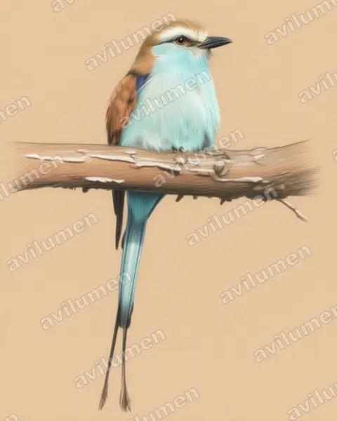 Illustration Crayon de couleur : Coracias spatulatus (Rollier à raquettes)