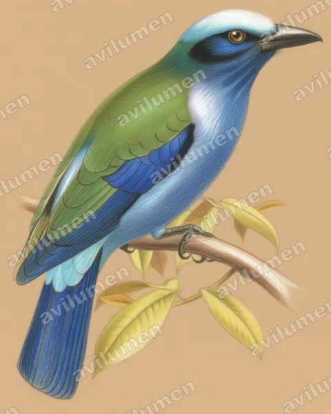 Purple-winged Roller(Coracias temminckii)的彩色铅笔插画
