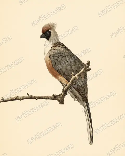 Ilustración en Lámina antigua: Corythaixoides personatus (Turaco enmascarado)