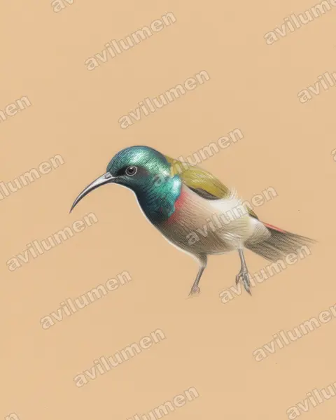 Colored pencil illustration: Cyanomitra verticalis (Green-headed Sunbird)