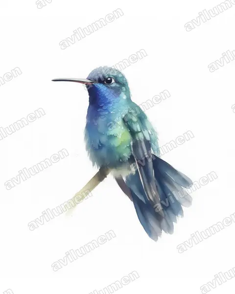 Illustration Aquarelle : Cyanophaia bicolor (Colibri à tête bleue)