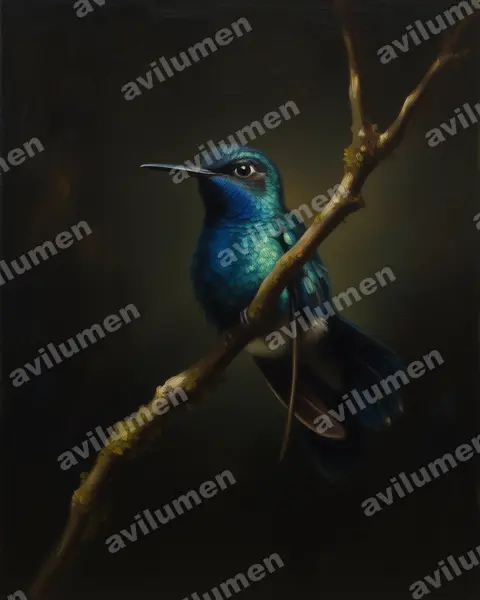 Illustration Huile : Cyanophaia bicolor (Colibri à tête bleue)