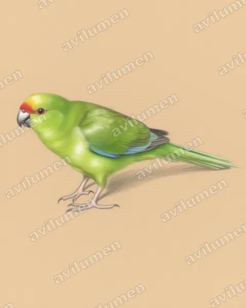 Illustration Crayon de couleur : Cyanoramphus auriceps (Perruche à tête d'or)