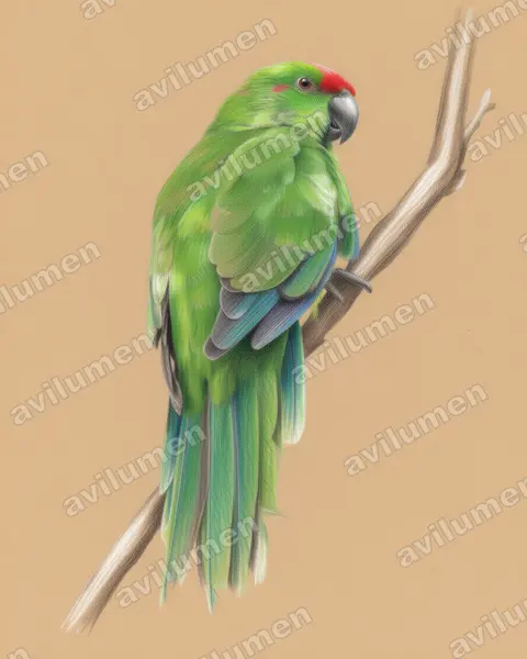 Colored pencil illustration: Cyanoramphus cookii (Norfolk Parakeet)