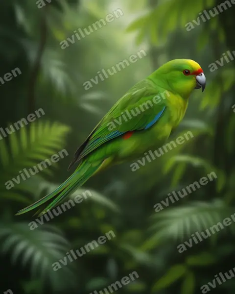 Realistic illustration: Cyanoramphus forbesi (Chatham Parakeet)