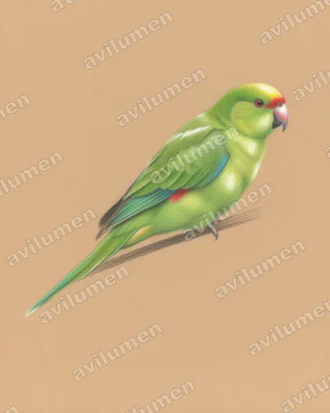 Colored pencil illustration: Cyanoramphus forbesi (Chatham Parakeet)