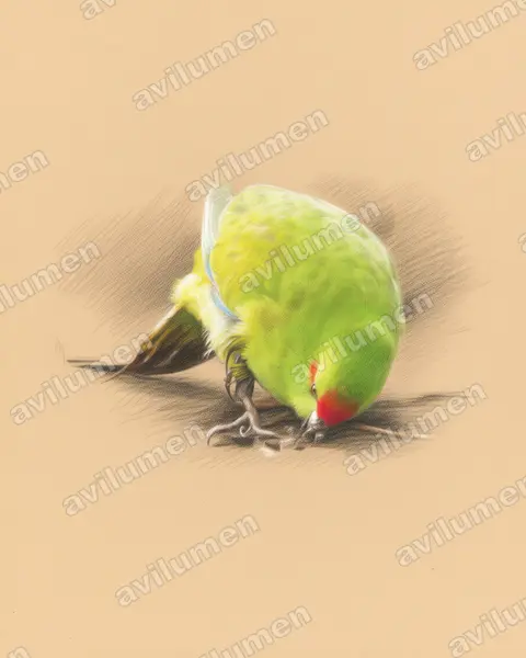 Illustration im Stil Buntstift: Antipodensittich (Cyanoramphus hochstetteri)