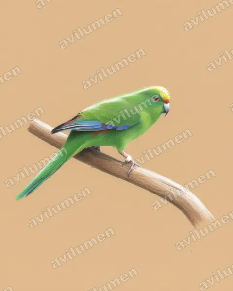 Illustration Crayon de couleur : Cyanoramphus malherbi (Perruche de Malherbe)