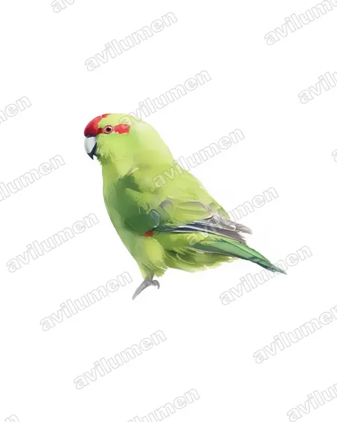 Ilustración en Acuarela: Cyanoramphus novaezelandiae (Perico maorí cabecirrojo)