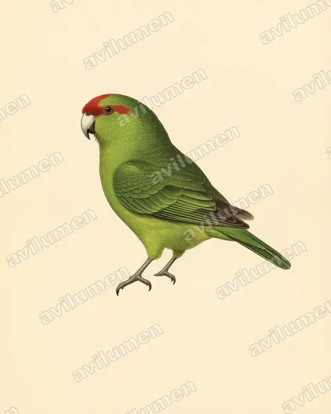 Ilustración en Lámina antigua: Cyanoramphus novaezelandiae (Perico maorí cabecirrojo)