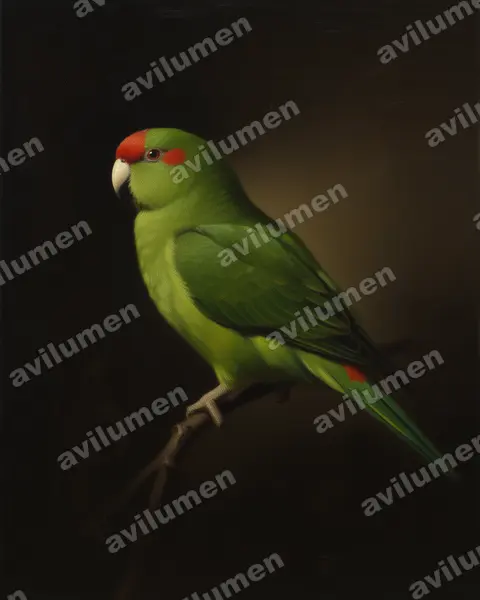 Ilustración en Óleo: Cyanoramphus novaezelandiae (Perico maorí cabecirrojo)