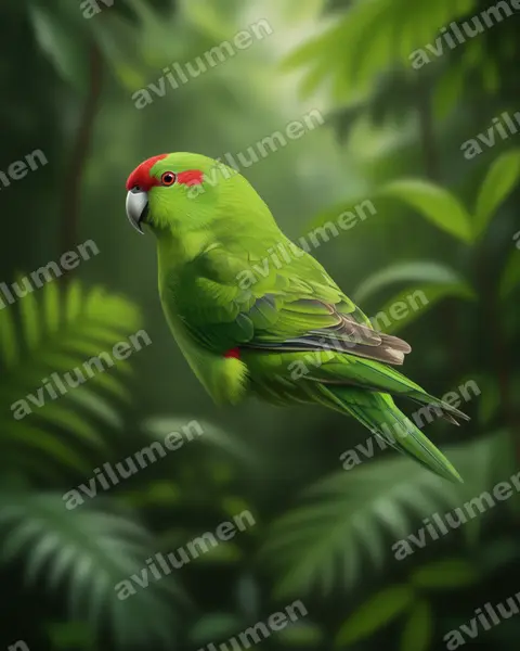 Ilustración en Realista: Cyanoramphus novaezelandiae (Perico maorí cabecirrojo)