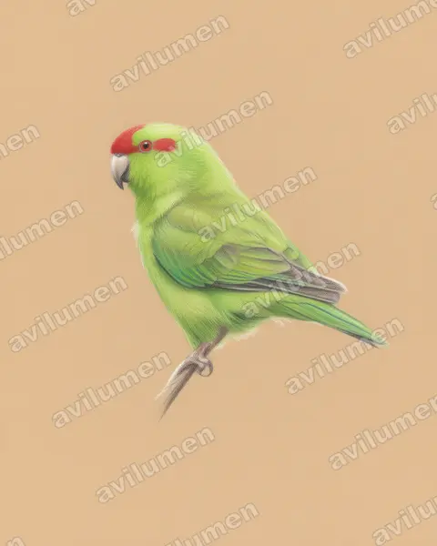 Ilustración en Lápiz de color: Cyanoramphus novaezelandiae (Perico maorí cabecirrojo)
