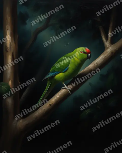 新加里東紅額鸚鵡（Cyanoramphus saisseti）的油画插画