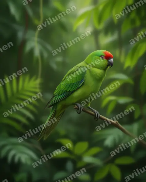 新加里東紅額鸚鵡（Cyanoramphus saisseti）的写实插画