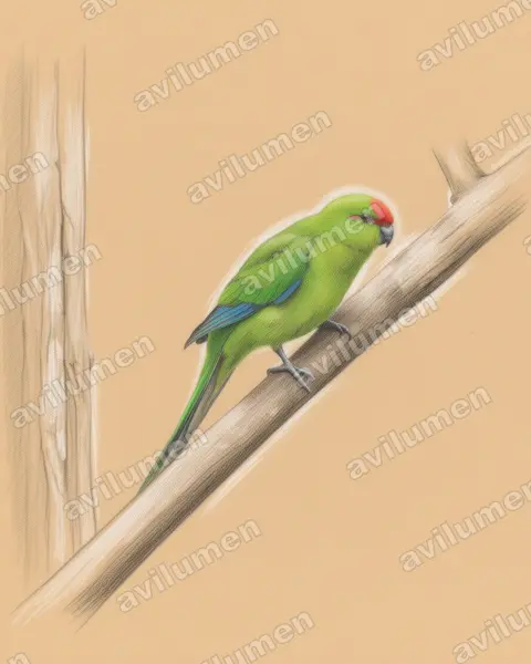 新加里東紅額鸚鵡（Cyanoramphus saisseti）的彩色铅笔插画