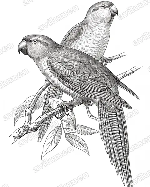 Lord Howe Parakeet(Cyanoramphus subflavescens)的钢笔墨线插画