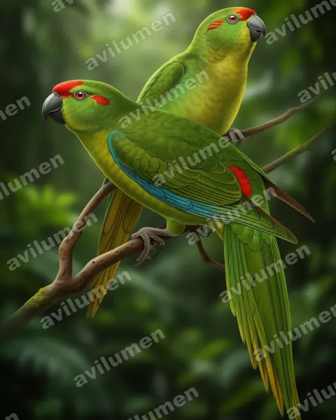 Lord Howe Parakeet(Cyanoramphus subflavescens)的写实插画