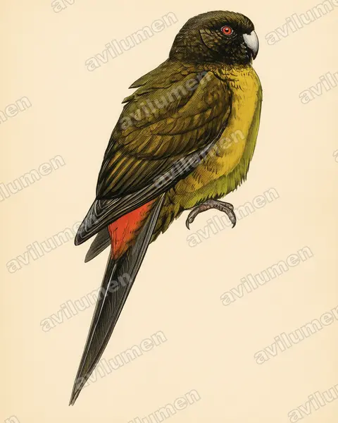 Illustration im Stil Historische Tafel: Braunkopf-Laufsittich (Cyanoramphus ulietanus)