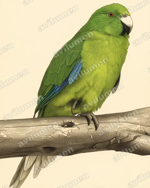 Ilustración en Lámina antigua: Cyanoramphus unicolor (Perico de las Antípodas​)