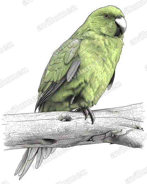 Ilustración en Tinta: Cyanoramphus unicolor (Perico de las Antípodas​)