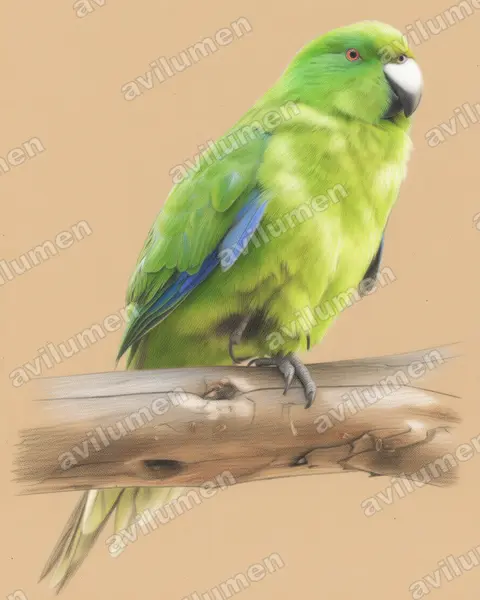 Ilustración en Lápiz de color: Cyanoramphus unicolor (Perico de las Antípodas​)