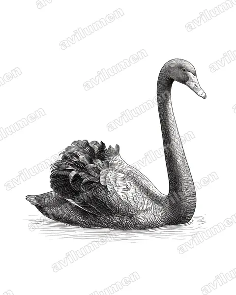 黑天鹅（Cygnus atratus）的钢笔墨线插画